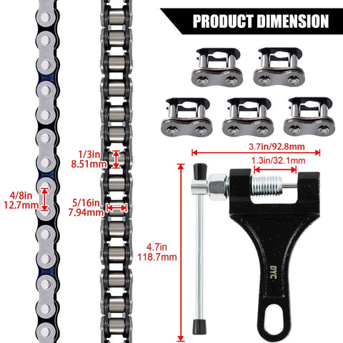 428 Heavy Duty Motorcycle Chain With 122 Links And Chain Breaker dimensions and components for dirt bikes and ATVs