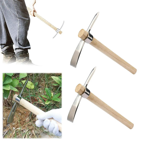 Double Headed Stainless Steel Pick Axe and Mattock with Wooden Handle Heavy Duty Garden Tool in use and displayed on ground