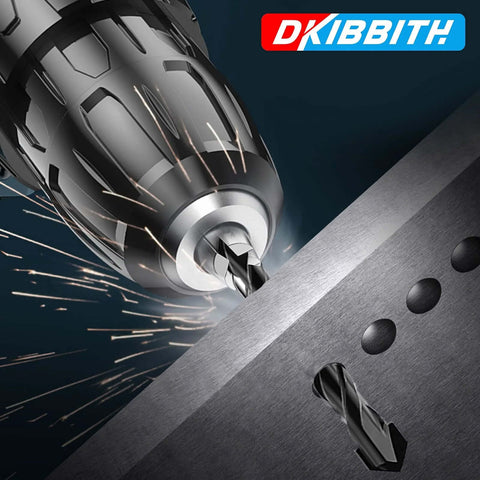 DKIBBITH drill bit in a metal chuck cutting brushed steel with sparks; black carbide twist bit with hex shank visible