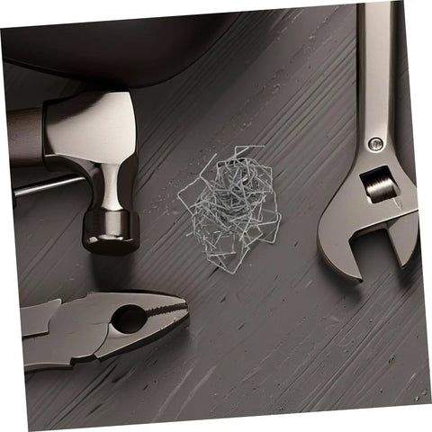 Tools and staples from a 100 Piece Car Bumper Plastic Repair Welding Rods Kit With Hot Melt Staples For Quick Dashboard Repairs And Multipurpose Auto Fixes, DIY Friendly And Efficient Plastic Welding Supplies on a wooden surface.