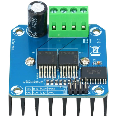 Close-up of Two Pack BTS7960 43A Beefy High Power H-Bridge Motor Driver Module for Arduino with blue circuit board and green terminal.