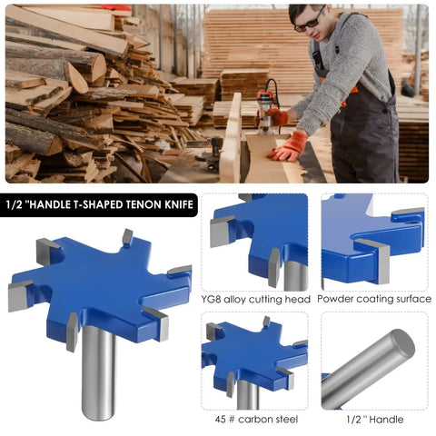 Beast Slab Flattening Router Bit 1/2 Inch Shank 2-1/2 Inch Cutting Diameter 6 Flute Surfacing Bit on workbench with craftsman.
