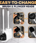 Premium Heavy Duty Toilet Plunger And Brush Set With Sleek Storage Stand Two In One Bathroom Cleaning Combo showing easy head change.