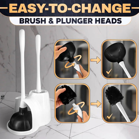 Premium Heavy Duty Toilet Plunger And Brush Set With Sleek Storage Stand Two In One Bathroom Cleaning Combo showing easy head change.