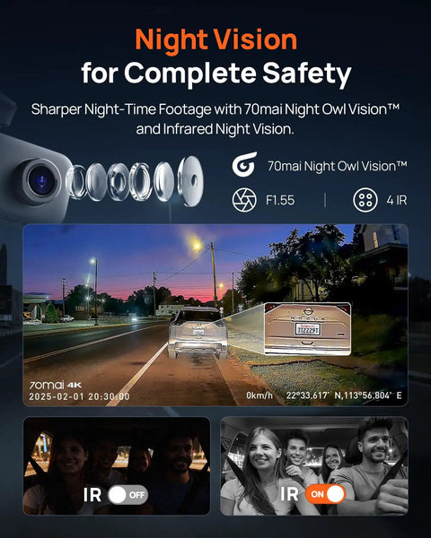 Beast 4K Front And Interior Dash Cam With Rear 1080P, showcasing night vision capabilities and infrared settings for safety.