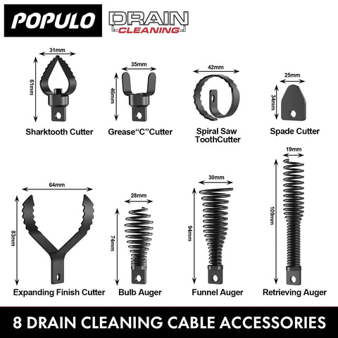 Front view POPULO 8-piece drain cleaning cable accessory set with cutters and augers