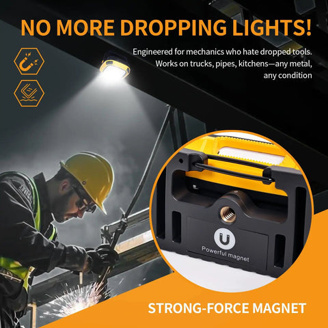 6000mAh Magnetic Work Light Rechargeable With 4000 Lumen IP65 Waterproof shown installed under metal beam with strong magnet base
