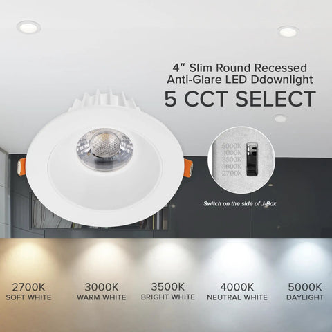 Sleek Four Inch Canless Led Downlight With Anti Glare Design Delivering One Thousand Two Hundred Lumens Of Crisp Illumination And Five Tunable Color Temperatures For Effortless Recessed Ceiling Lighting Upgrades Around The House