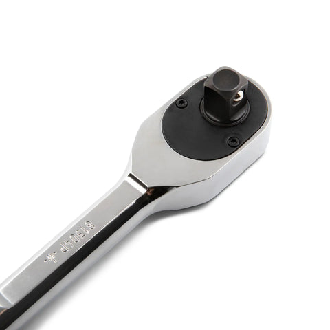 Close-up of the head of One Half Inch Drive Teardrop Ratchet With Full Polish Chrome Finish, 120XP Heavy Duty Workhorse For Industrial And Mechanical Use, Meets Or Exceeds ASME Specs, Durable Chrome Plated Ratchet Model 81304XP.