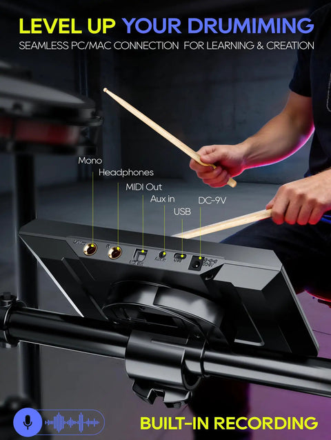 Close-up of electronic drum module showing headphone, MIDI, and USB ports with drummer using 700 Professional Electric Drum Set.