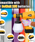 Heavy Duty Cordless Paint Sprayer With Variable Spray Settings And Four Copper Tips For Smooth Wall Fence And Cabinet Coating Jobs That Deliver Crisp Edges And Hassle Free Cleanup For Any Weekend Warrior, shown with DeWalt batteries.