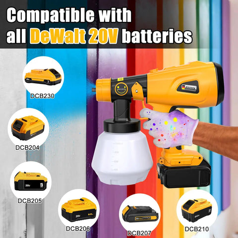 Heavy Duty Cordless Paint Sprayer With Variable Spray Settings And Four Copper Tips For Smooth Wall Fence And Cabinet Coating Jobs That Deliver Crisp Edges And Hassle Free Cleanup For Any Weekend Warrior, shown with DeWalt batteries.