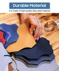 Person holding leather samples, highlighting durable material used in 18Pcs Universal DIY Embossing Punch Set Kit In Alloy Steel For Leather Crafting Includes 3 Shapes And Durable Punches Built Tough For Long Lasting Use A Real Go To Tool For DIY Projects And Pro Leather Finishing.