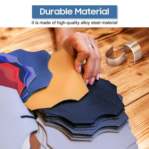 Person holding leather samples, highlighting durable material used in 18Pcs Universal DIY Embossing Punch Set Kit In Alloy Steel For Leather Crafting Includes 3 Shapes And Durable Punches Built Tough For Long Lasting Use A Real Go To Tool For DIY Projects And Pro Leather Finishing.