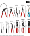 All In One Hose Clamp Pliers Set for Auto Maintenance, 15 Piece Tool Kit showing various pliers and their sizes by DPTOOL