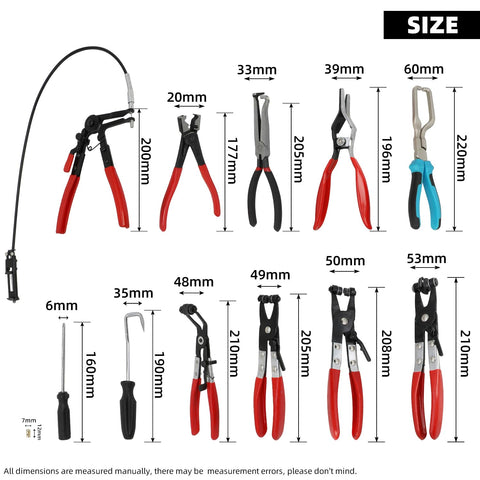 All In One Hose Clamp Pliers Set for Auto Maintenance, 15 Piece Tool Kit showing various pliers and their sizes by DPTOOL