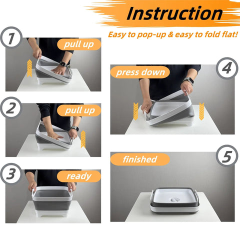 Instructions for using Collapsible Wash Basin With Drain Plug 2.4 Gallon Foldable Kitchen Sink showing steps to expand and collapse.