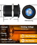 Built Tough 12 Volt Light Dimmer PWM Switch For RV And Boat, showing dimensions and blue backlight, rugged aluminum housing.