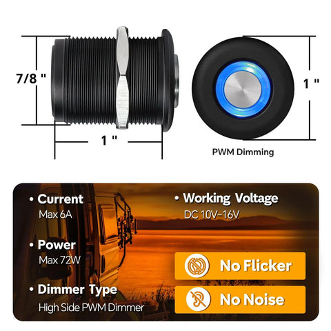 Built Tough 12 Volt Light Dimmer PWM Switch For RV And Boat, showing dimensions and blue backlight, rugged aluminum housing.