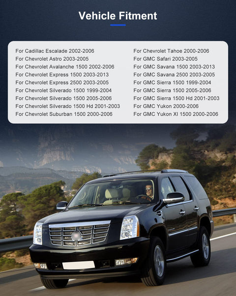 Black SUV driving on highway with vehicle fitment list for Chevy and GMC models against a mountain background.