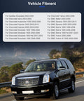 SUV driving on a scenic road with vehicle fitment list for Cadillac, Chevrolet, GMC in background.