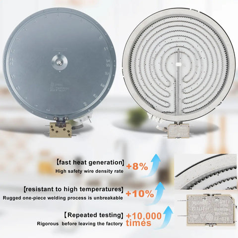 Upgraded 9 To 10 Inch Radiant Surface Element For Frigidaire Electrolux Kenmore Cooktops With Beefed Up Metal Temperature Sensor Ceramic Replacement Part 316135401 WP8273992 316224200 316224201 AP4416812, showing front and back views with performance details