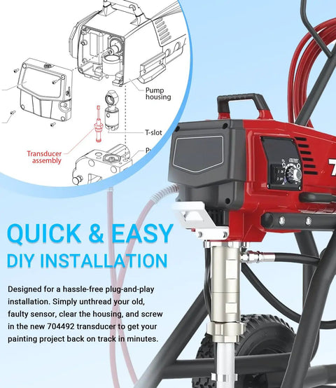 Airless Sprayer Pressure Transducer 704492 Compatible With Impact 400 440 540 640 740 840 1140 TT Sprayers Pressure Sensor shown with DIY installation guide.
