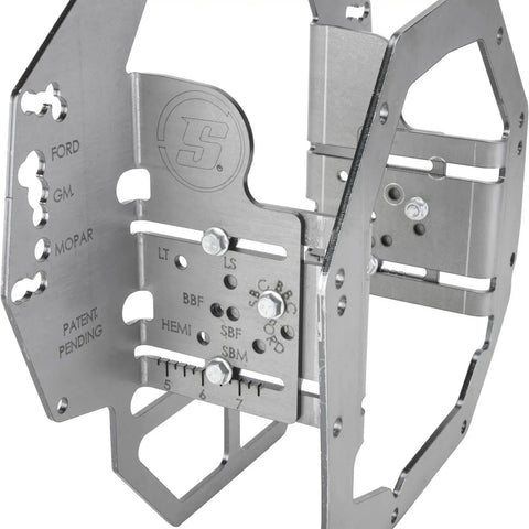 Tremec T-56 Adjustable Mock Up Bellhousing Transmission Fitment Jig With Universal Muscle Car Swap Adapter and Custom Hot Rod Engine Block Pilot Bore Alignment Tool, stainless steel design, showing precision cutouts.