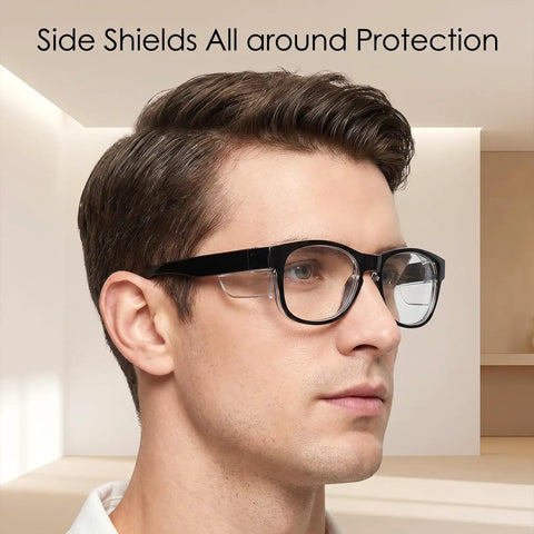 Heavy Duty Shop Ready Anti Fog Safety Glasses Featuring Rock Solid Side Shields And Easy Adjust Temples Clear Eye Protection For Hard Hats And Daily Grind Work worn by a man showing side shields.