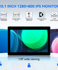 10.1 inch IPS monitor with 1280x800 resolution, 16:10 aspect ratio, and wide 178° viewing angle, front view