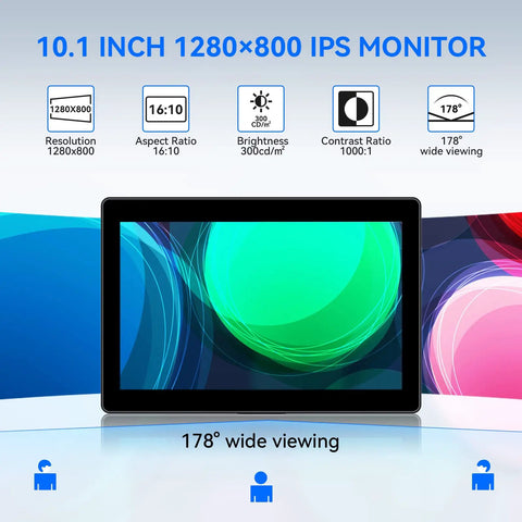 10.1 inch IPS monitor with 1280x800 resolution, 16:10 aspect ratio, and wide 178° viewing angle, front view