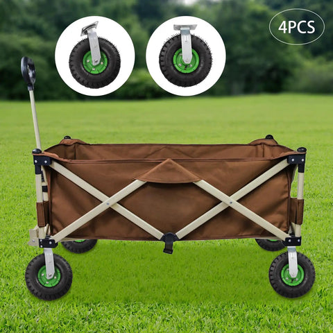 Heavy Duty 10 Inch Pneumatic Caster Wheels With Killer Knobby Tread, Four Piece Kit Including Two Swivel And Two Rigid Casters, Massive 661 Pound Weight Rating For Utility Carts And Tool Chests, Moves Like Butter on a brown utility cart in grass.