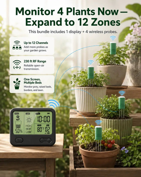 12 Zone Wireless Soil Moisture Meter For Plants With 4 In 1 TDR Tester, Soil Thermometer, Light Sensor And Display, 230 Ft Range, IPX5 Waterproof in potted plants