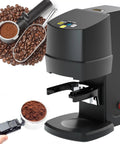 Straight Up Professional 58mm Electric Coffee Tamper Featuring Hella Precise Digital Pressure Control Automatic Portafilter Press For Dead Simple Espresso Brewing At Home Or Professional Cafe White with coffee beans and portafilter.