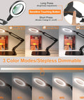 8X Real Glass Magnifying Glass With Light And Stand 2 In 1 Desk Lamp and Clamp, showing touch control and dimmable LED modes