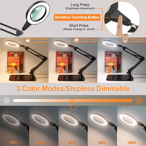 8X Real Glass Magnifying Glass With Light And Stand 2 In 1 Desk Lamp and Clamp, showing touch control and dimmable LED modes
