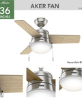 36 Inch Indoor Ceiling Fan With LED Light And Pull Chain, Quiet Modern Small Room Fan in Brushed Nickel, 3 Blades.