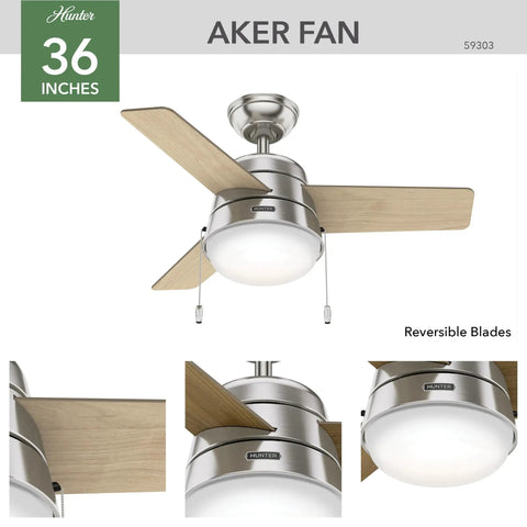 36 Inch Indoor Ceiling Fan With LED Light And Pull Chain, Quiet Modern Small Room Fan in Brushed Nickel, 3 Blades.