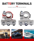 Garage Ready Heavy Duty Battery Terminal Connectors 2Pcs With 3Way Top Post Cable Clamps Universal Positive Negative 12Volt Rust Proof Zinc Coated For Cars Trucks Vans Silver, showcasing dual battery connectors.