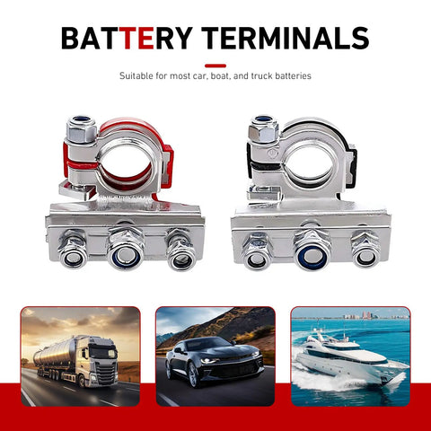 Garage Ready Heavy Duty Battery Terminal Connectors 2Pcs With 3Way Top Post Cable Clamps Universal Positive Negative 12Volt Rust Proof Zinc Coated For Cars Trucks Vans Silver, showcasing dual battery connectors.