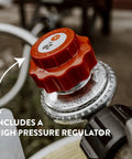Close-up of high-pressure regulator on Beast 200K BTU Propane Burner for outdoor cooking, showing 0-20 PSI setting.