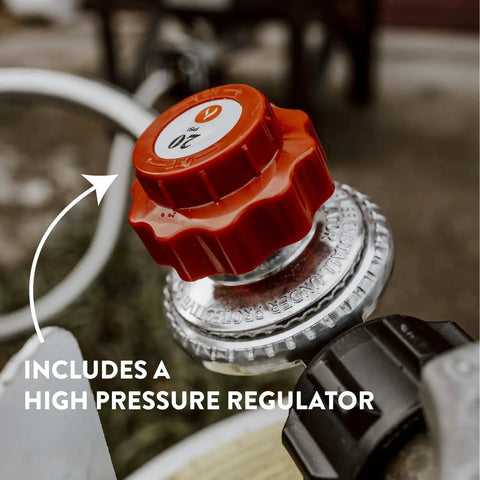 Close-up of high-pressure regulator on Beast 200K BTU Propane Burner for outdoor cooking, showing 0-20 PSI setting.