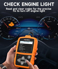 NT201 OBD2 Scanner Code Reader in hand, displaying diagnostic menu against car dashboard with check engine light symbols