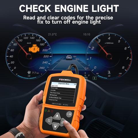 NT201 OBD2 Scanner Code Reader in hand, displaying diagnostic menu against car dashboard with check engine light symbols