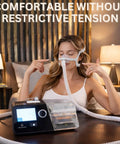 Woman using Luna G3 device with corrugated flexible air tubing, demonstrating lightweight ribbed hose and easy fit for air systems.