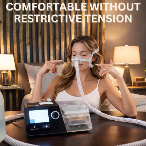 Woman using Luna G3 device with corrugated flexible air tubing, demonstrating lightweight ribbed hose and easy fit for air systems.