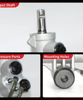 Close-up of hydraulic power steering rack and pinion assembly features input shaft, pressure ports, and mounting holes for Dodge Ram 1500.