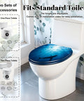 Elongated Silhouettes sharks underwater ocean against bright Toilet Seat on a standard toilet with leaf backdrop.
