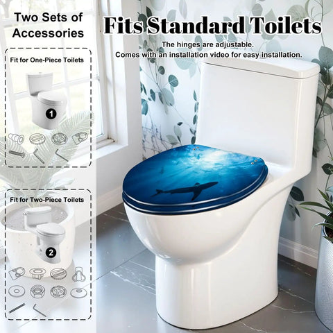 Elongated Silhouettes sharks underwater ocean against bright Toilet Seat on a standard toilet with leaf backdrop.