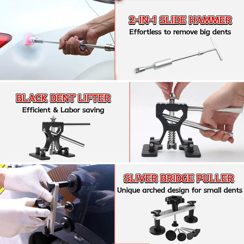 Pro Grade PDR Dent Repair Kit with 100W Glue Gun, Slide Hammer, Dent Lifter, and Bridge Puller shown in use